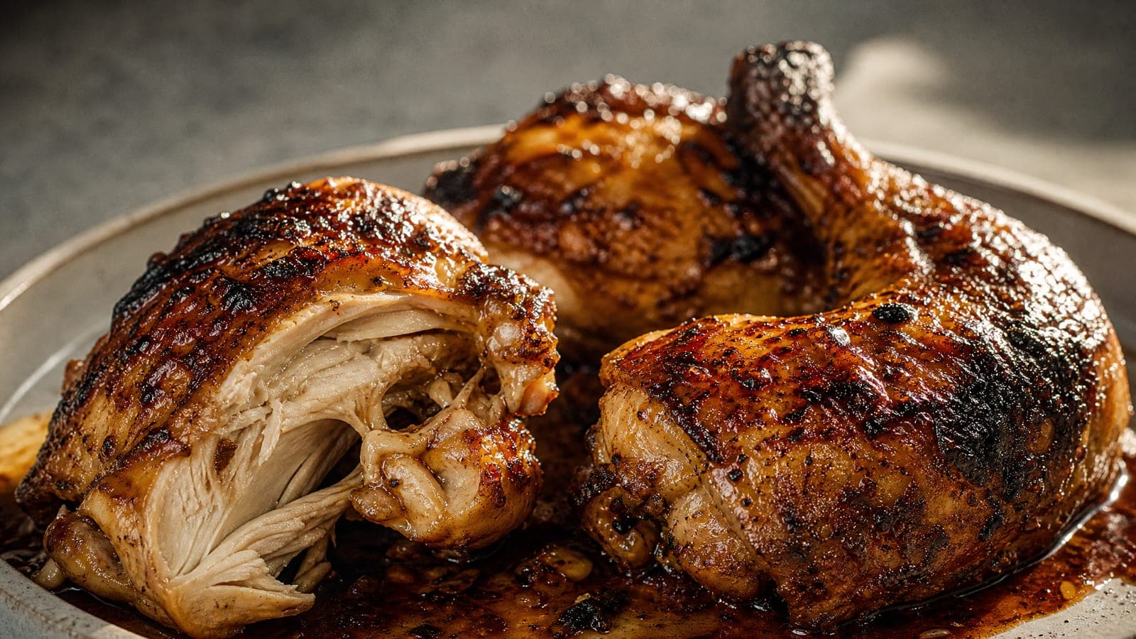 A jointed roast chicken lacquered in a dark glaze, resting in its pan juices